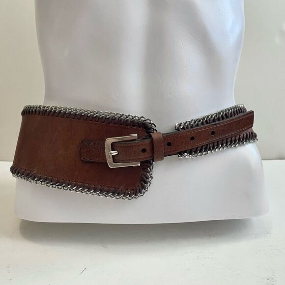Calvin Klein Brown Leather Belt with Silver Chain Accents Angled Size S - Picture 8 of 8
